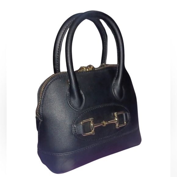 Mini Satchel Convertible Crossbody Bag w/ Horsebit Design, Black, Vegan Leather - Picture 2 of 4